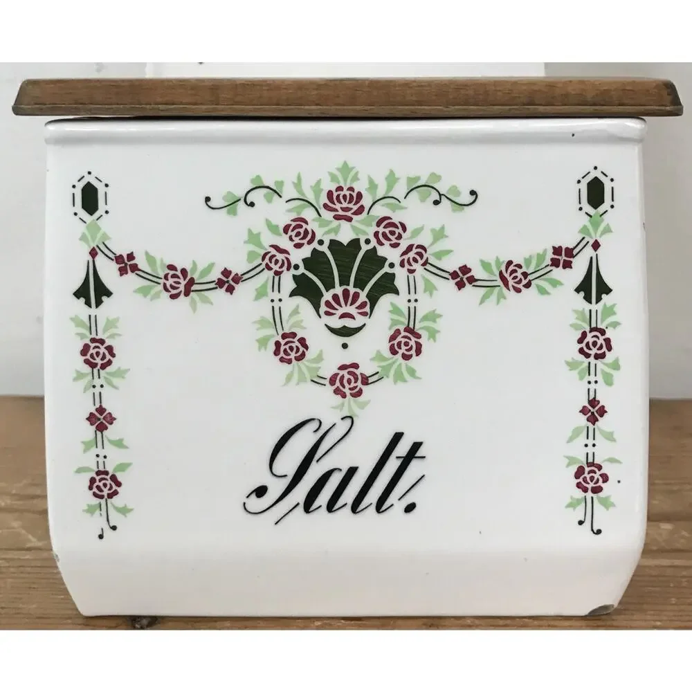 Vtg Antique Danish Salt Wall Hanging Ceramic Wood Floral Bin Kitchen Container